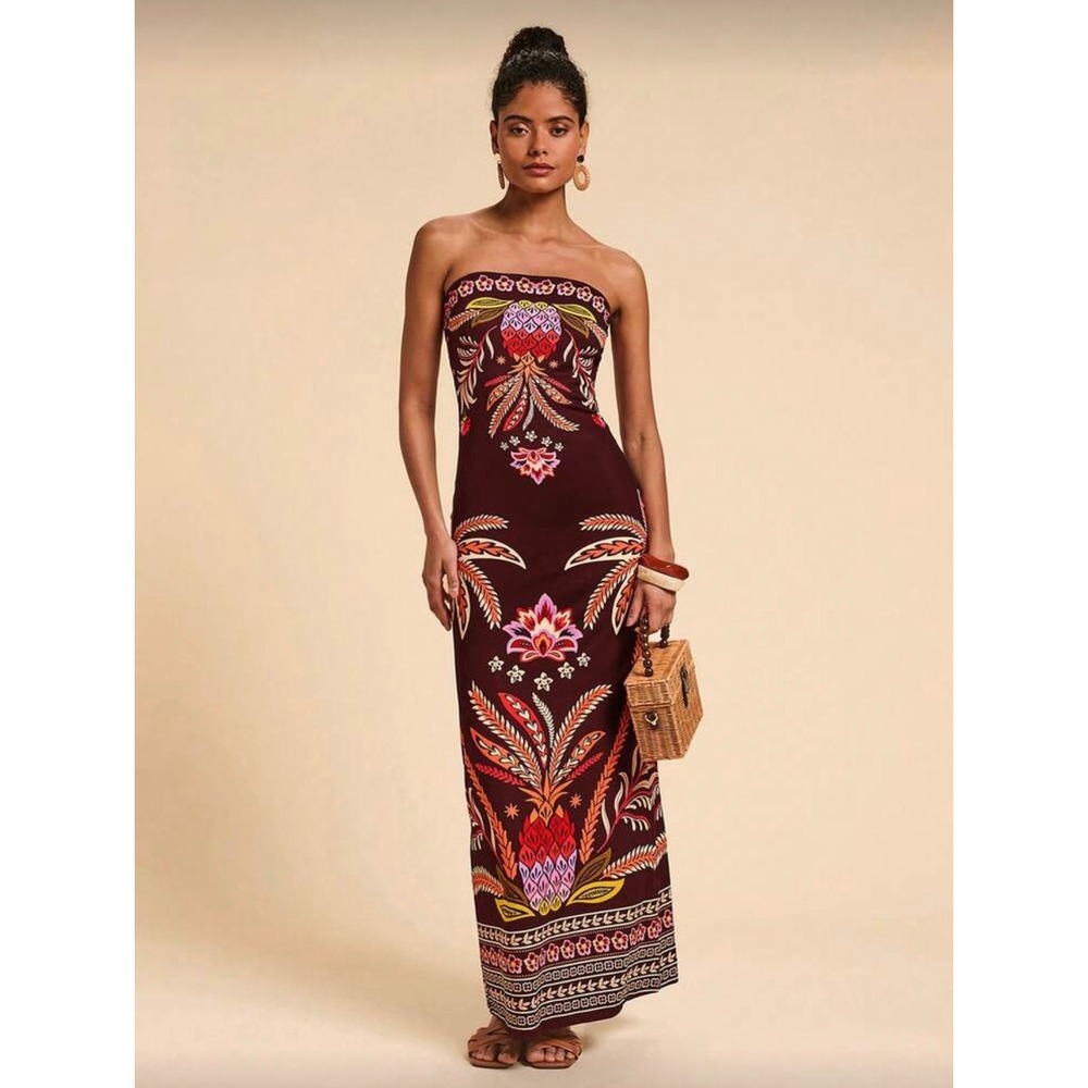Burgundy Brown‎ Tropical Pineapple Strapless Maxi Dress Large Floral Palm